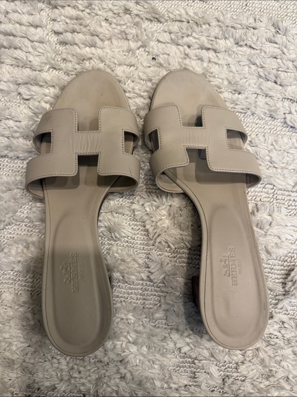 Hermes Taupe Leather Oran H Slide Sandals